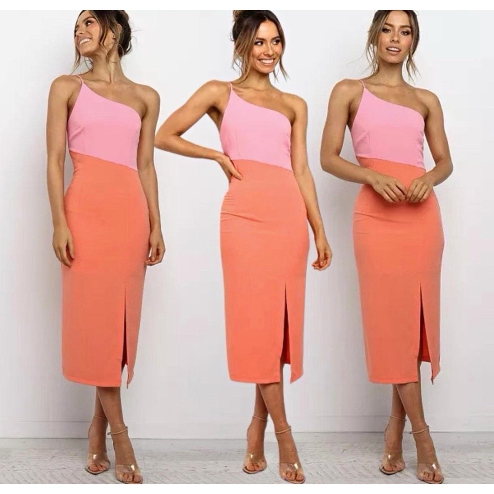 Petal + Pup Xiomar One Shoulder Colorblock Midi Dress Pink Orange Size 6 NWT
